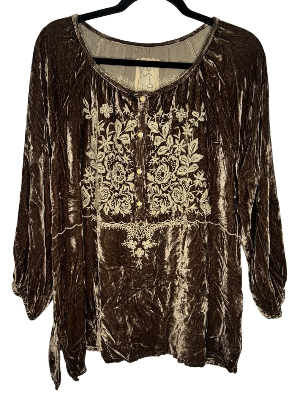 Johnny Was Brown Velvet Embroidered Blouse Size Medium Floral Lightweight